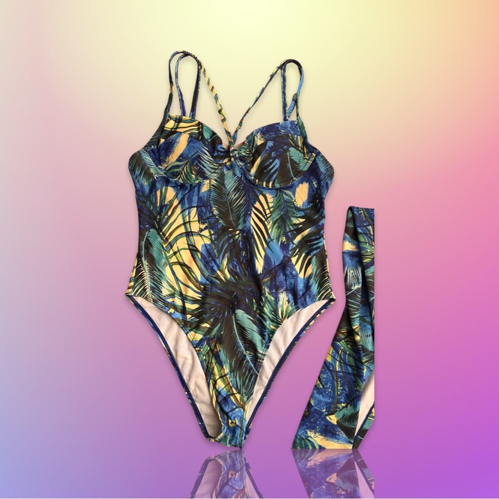 Women's Sexy Fashion Swimwear Suit Blue Leafy Printed One-Piece size M.